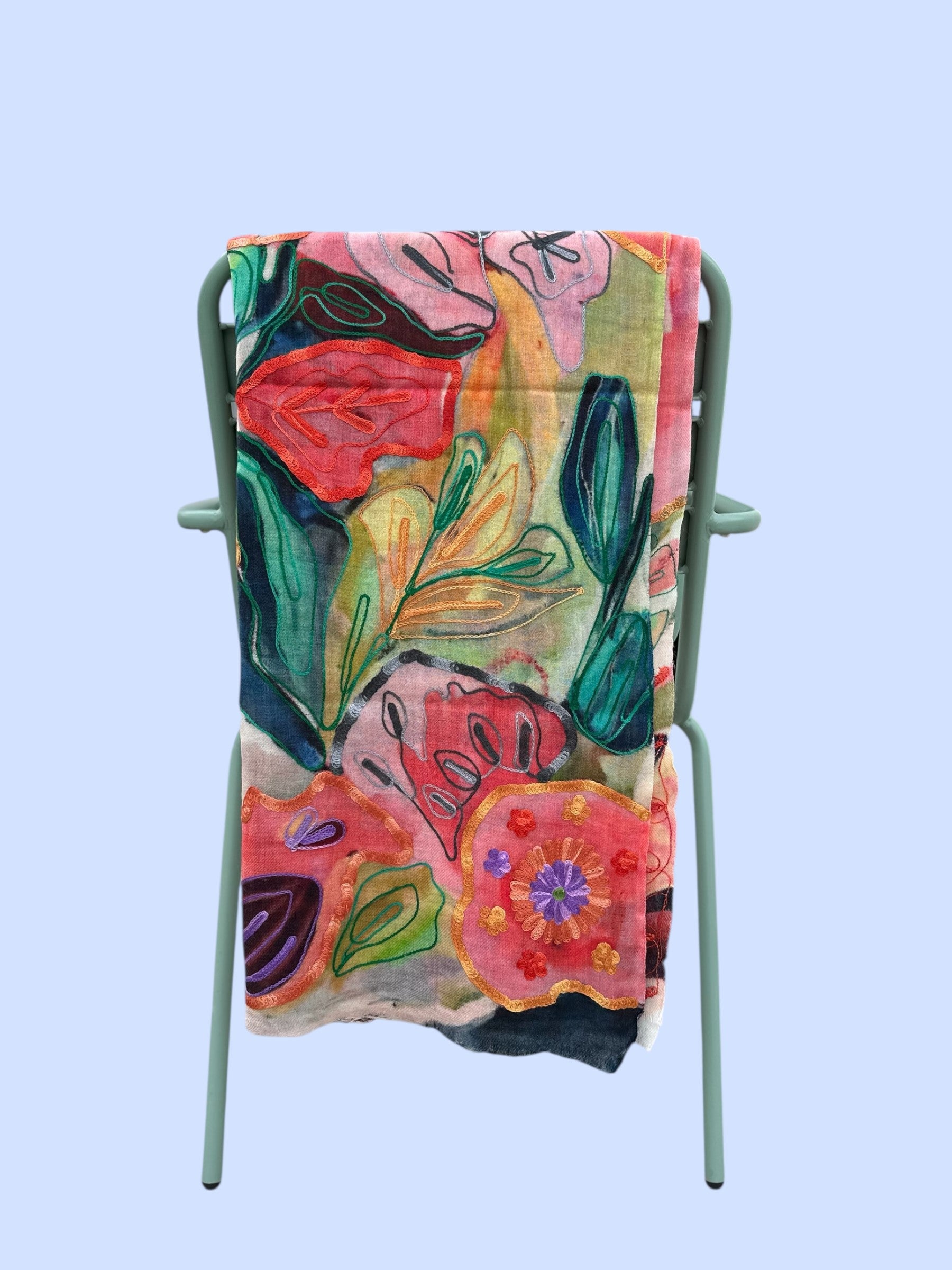 #Machine-embroidered wool shawl