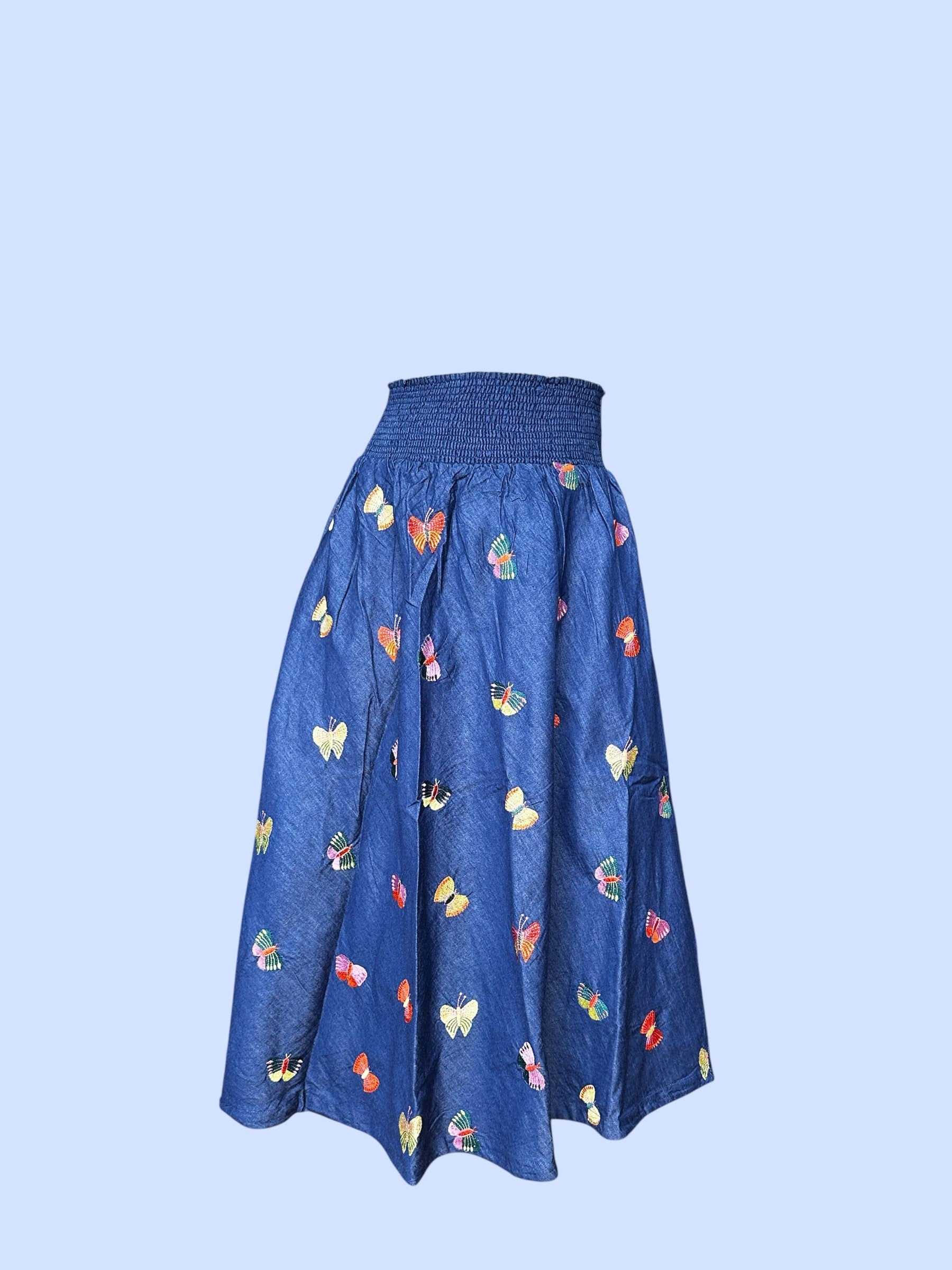 #1726 EMBROIDERED DENIM SKIRT - BUTTERFLIES